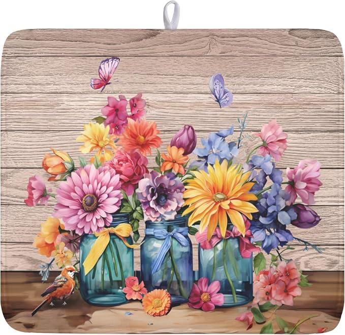 Purple Floral Wooden Board Dish Drying Mat 16x18 Inch | Vases，Vintage，Polyester，Absorbent Microfiber，for Kitchen Coffee Dining Bar Decor