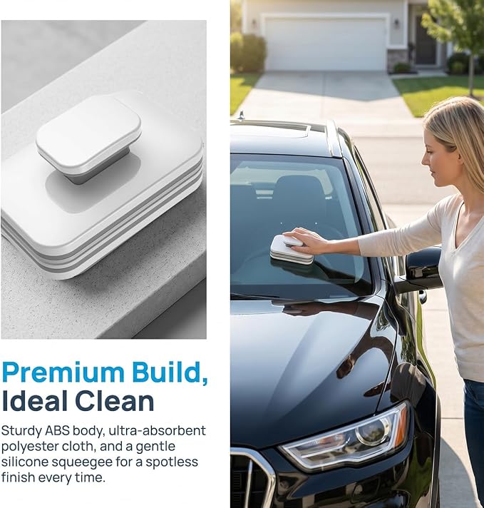 Car Magnetic Windshield Cleaner Tool, Double-Sided Vehicle Window Outside Glass Cleaning Tool with Anti-Falling Rope, Magnet Auto Windshield Wiper for Glass 3-10mm, Universal Fit