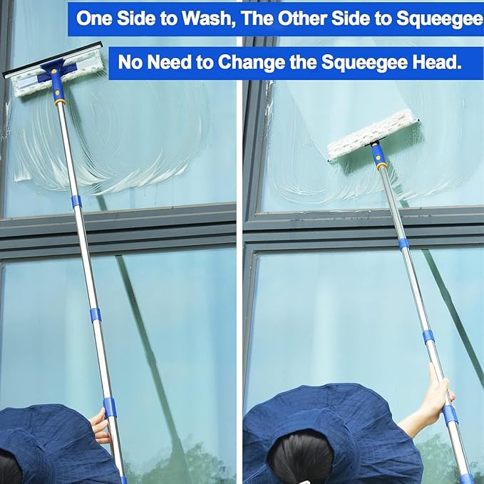 86.6" Window Squeegee Cleaner,2 in 1 Window Cleaning Tool Kit,Shower Squeegee with Extension Pole，Glass Cleaning Tools for Shower Glass,Indoor/Outdoor High Window Cleaning-Two Pads