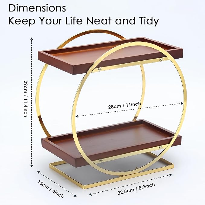 2-Tier Bathroom Counter Organizer, Wood Bathroom Organizer for Vanity Makeup Skincare Cologne Storage, Bamboo Perfume Organizer for Dresser, Countertop Shelf for Bathroom Kitchen, Gold & Brown