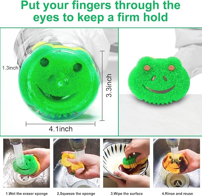 5 Pack Frog Dual-Sided Multi-Functional Scrub Sponge, Dual-Sided Temperature Controlled Kitchen Sponge for Dishes,Furniture,Scrub Sponges Household Cleaning Pads Bathroom Wall Cleaner