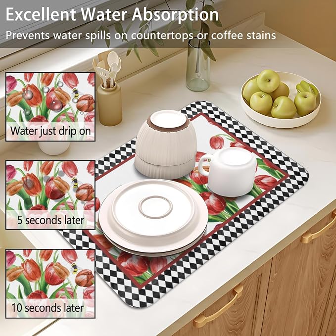 Dish Drying Mat 2-Pack, Tulip For Kitchen Counter Absorbent Dishes | Diatom Mud Mats (18x24, 19.5x12"). Non-slip rubber back for kitchen counter, coffee bar & sink scenes