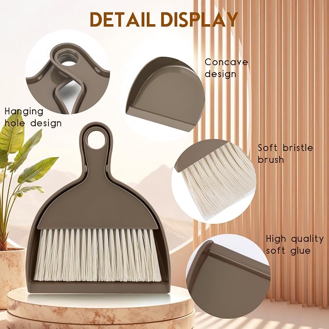 THINKLEARN 2PCS Small Dust Pan and Brush Set, Mini Broom Dustpan Kit | Portable Brush Dustpan Combo Set, Brown Cleaning Supplies