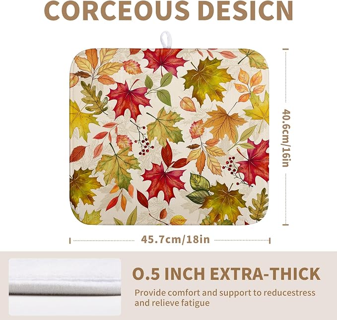 Fall Drying Mat for Kitchen Counter 16 x 18 Inch Maple Leaves Autumn Thanksgiving Harvest Dish Drying Mats Absorbent Microfiber Dish Draining Washable Reversible Dishes Pad