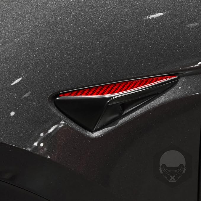 Red Real Carbon Fiber Trim for Tesla Accessories | for Model 3 2017-2022 / Model Y 2020-2024 Side Indicator Turn Signal Panel Sticker Exterior Thick Overlay Decal