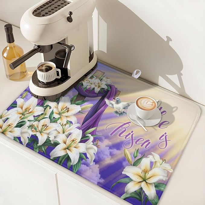 Easter Dish Drying Mat for Kitchen Counter He is Risen Cross Floral Purple Pattern Microfiber Dish Drainer Mat Rustic Absorbent Washable Drying Pad Extra Large 18"x24"