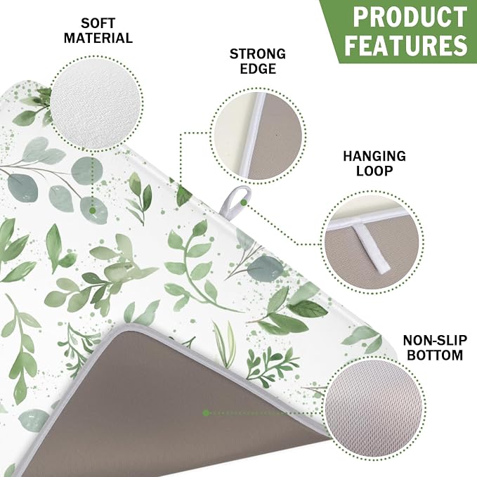 Spring Summer Sage Green Leaves Dish Drying Mat 18x24 Inch | Eucalyptus Leaf，Polyester，Absorbent Microfiber，for Kitchen Coffee Dining Bar Decor