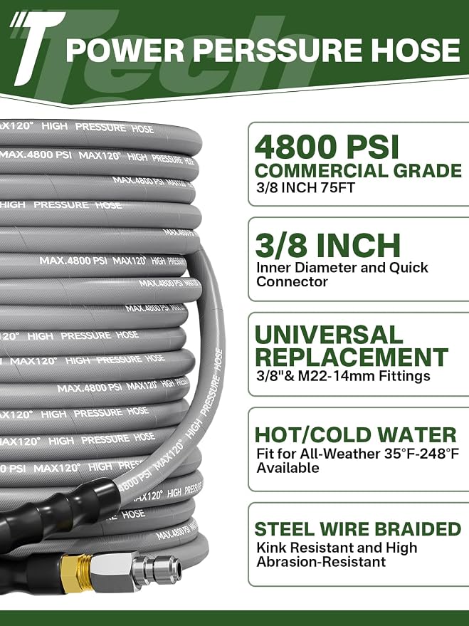 3/8" 4800PSI Pressure Washer Hose 75FT Swivel Quick Connect | Power Washer Hose for Cold/Hot Water Max 248°F, Kink Resistant Steel Wire Braided, Wear Resistant with M22 14mm Adapter