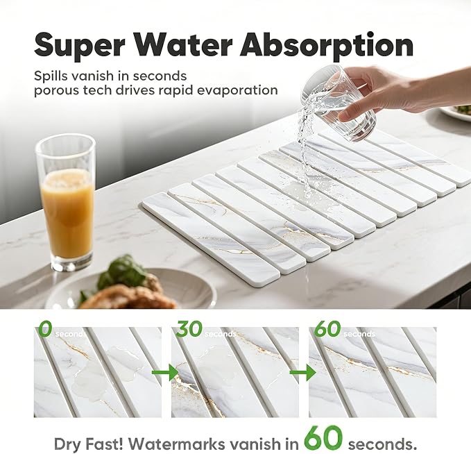 Stone Drying Mat for Kitchen Counter, Quick Diatomaceous Earth Mats for Dishes, 24"L x 16" W Super Absorbent Fast-Drying Collapsible Countertop Stone Mat (Marble White-04, 24" x 16")