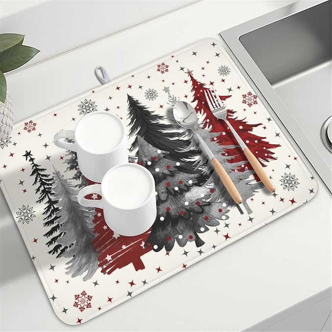 Christmas Gray Red Tree Dish Drying Mat 18x24 Inch Xmas Snowflake | Winter，Polyester，Absorbent Microfiber，for Kitchen Coffee Dining Bar Decor