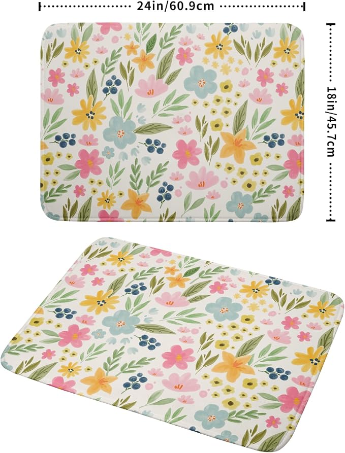 Spring Easter Floral Dish Drying Mat for Kitchen Counter 18x24 Green Pink Yellow Blue Cute Flower Print Absorbent Reversible Microfiber Drying Mats Kitchen Countertop Protector Dishes Drainer Pad