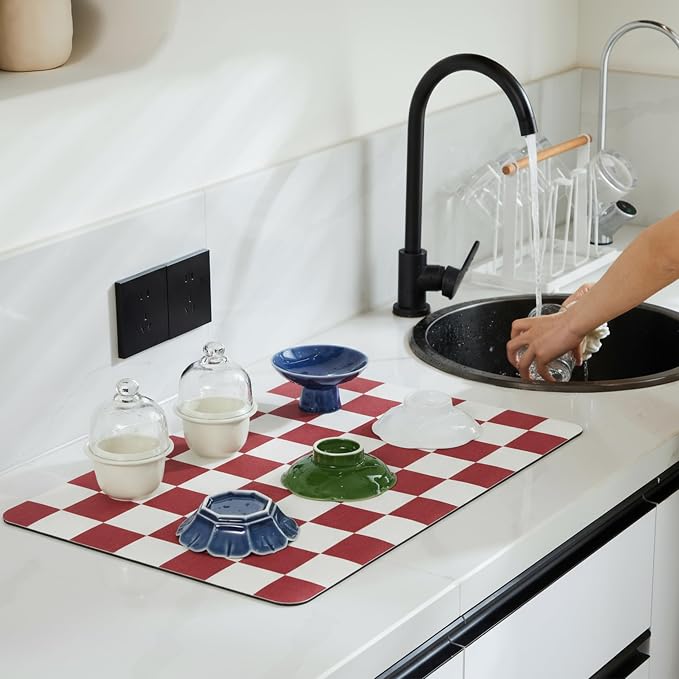 Ohocut Red Checkered Dish Drying Mat for Kitchen Counter, Coffee Bar Station Accessories, Retro Cute Aesthetic Modern Absorbent Drainer Mat Kitchen Drying Mat Easy Clean 19" x 12"