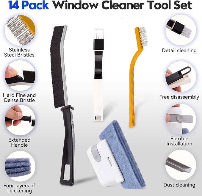 Window Track Cleaner, 14 PCS Crevice Cleaning Brush Kit | For window groove, blinds, vents, baseboard, grout and shower door track cleaning