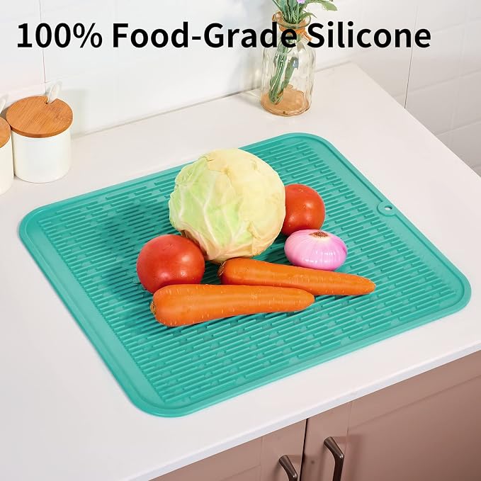 ZLR Heavy-Duty Silicone Dish Drying Mat (16" x 18" / 401 x 455mm) - XL Family-Size Thick 4mm Drainboard for Pots, Pans & Heavy Cookware - Oversized Trivet & Counter Protector, Non-Slip (Mint Green)