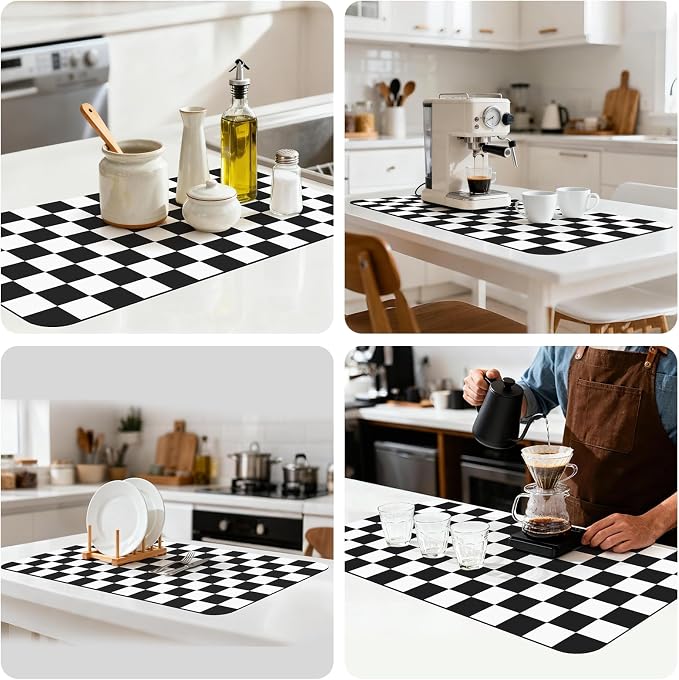 17" x 32" Checkered Dish Drying Mat for Kitchen Counter, Absorbent Coffee Bar Mat for Espresso Machine Coffee Countertops Accessories, Black
