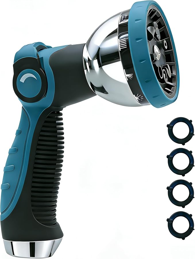 Garden Hose Nozzle Heavy Duty, Metal Water Hose Sprayer with 10 Adjustable Spray Patterns, Thumb Control On Off Valve, High Pressure Hose Nozzle for Watering, Cleaning, Car Washing & Pet Shower