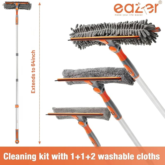 Eazer 2-in-1 Window Cleaner Tool, 64'' Window Squeegee for Home, Window Cleaning Squeegee Kit with Telescopic Pole, Window Washing Kit with Rotatable Bendable Head(Threaded + Telescopic) - EAW01