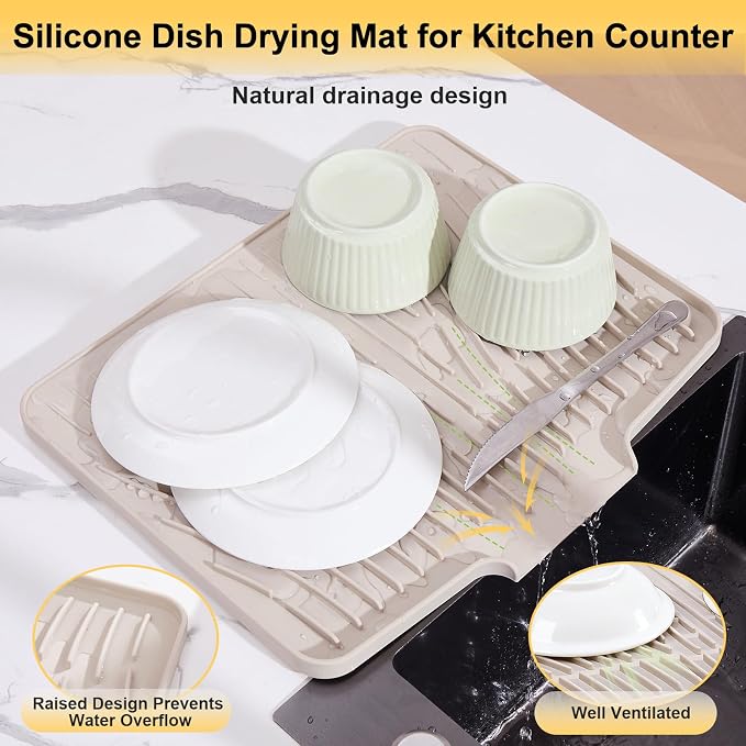 Silicone Dish Drying Mat for Kitchen Counter,Non-Slip Dish Drying Pad with Drain Lip,Heat Resistant Sink drying Mat for Dishes,Large Rubber dish drain mat dish rack mat (Cream,15.8"x13")