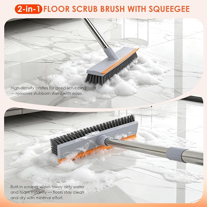 Floor Scrub Brush with 45" Long Handle, 2-in-1 Heavy-Duty Scrub Brush Broom | Stiff Bristle Scrubbing Brushes with Scrape Squeegee for Cleaning Bathroom, Kitchen, Patio, Pool, Garage, Tile, Wall, Deck