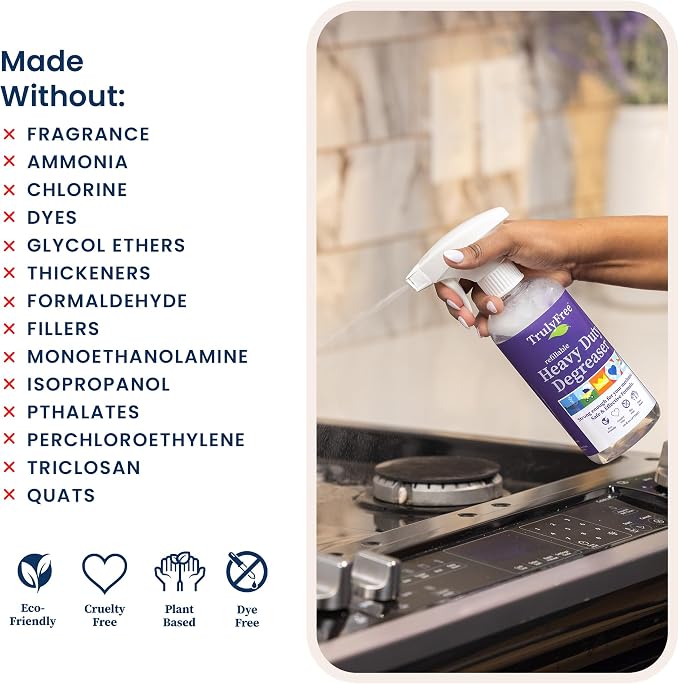 Truly Free Heavy Duty Degreaser - Grease Remover & Grime Cleaner for Kitchen, Automotive & More, Household Cleaning Supplies, Fragrance-Free, Includes 16 oz Reusable Empty Bottle + Two Fills, 3 oz ea.
