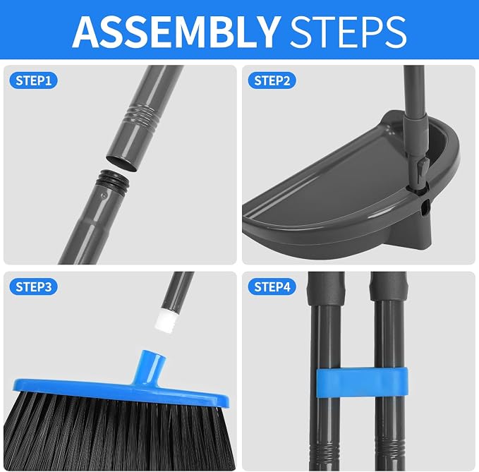 REEWII Broom and Dustpan Set ，Long Handle Broom with Upright Standing Dust pan for Indoor Outdoor Home Kitchen Office Floor Cleaning