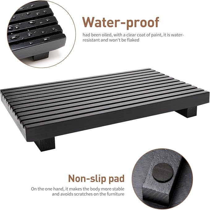 Black Bathroom Counter Tray Organizer Wood Riser Stand Kitchen Soap Holder | Rustic Countertop Trays Wooden Pedestal Display Dish Soap Dispenser Holder for Bathroom Decor Sink Accessories Vanity Tray