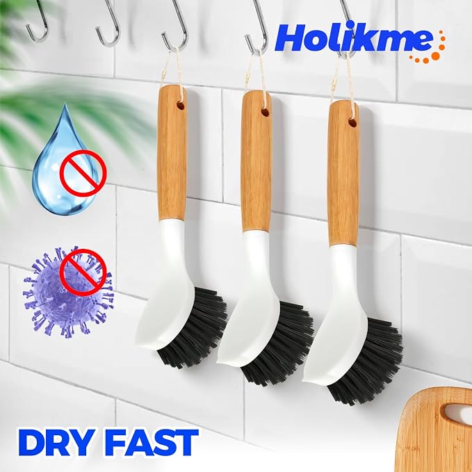 Holikme 3 Pack Cast Iron Brush and Scraper with Bamboo Handle – Skillet Scrubber with Tough Nylon Bristles, Kitchen Cleaner for Cleaning Skillet, Grill Pan, Black