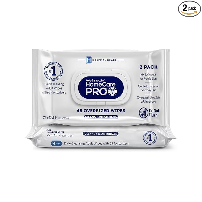 Welmedix Adult Bathing Wipes - Oversized No Rinse Bath Wipes with Moisturizers, Hospital Grade Daily Cleansing Disposable Washcloths for Fragile Skin, XL 7.5” x 12.5” - 48 Count, 2 Pack