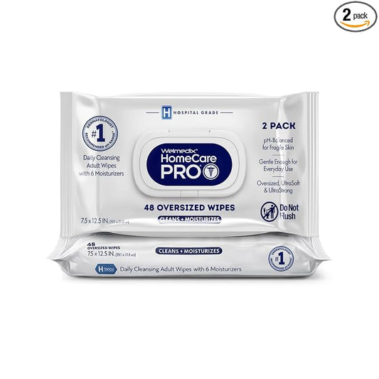 Welmedix Adult Bathing Wipes - Oversized No Rinse Bath Wipes with Moisturizers, Hospital Grade Daily Cleansing Disposable Washcloths for Fragile Skin, XL 7.5” x 12.5” - 48 Count, 2 Pack