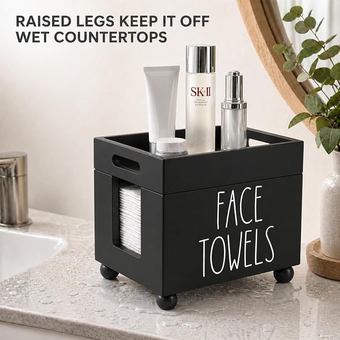 Disposable Face Towel Holder, Wooden Facial Towels Dispenser, Clean Towel XL Box for Bathroom Countertop, Open-Top Cleansing Wipes Organizer for Vanity, Rustic Skincare Storage (Black)
