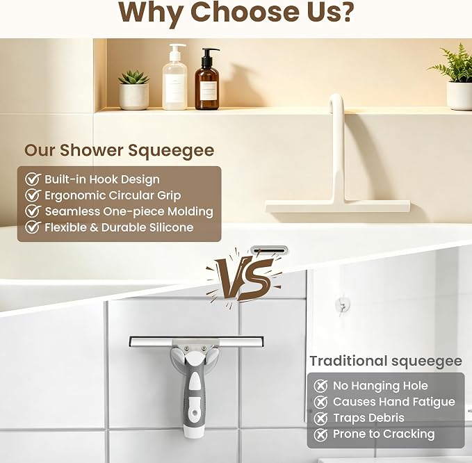 10 Inch Silicone Shower Squeegee for Glass Doors, Streak-Free, White | No-Squeak Silicone Blade, Ergonomic Round Grip and Built-In Hook for Quick Daily Cleaning of Shower Glass, Tile and Windows