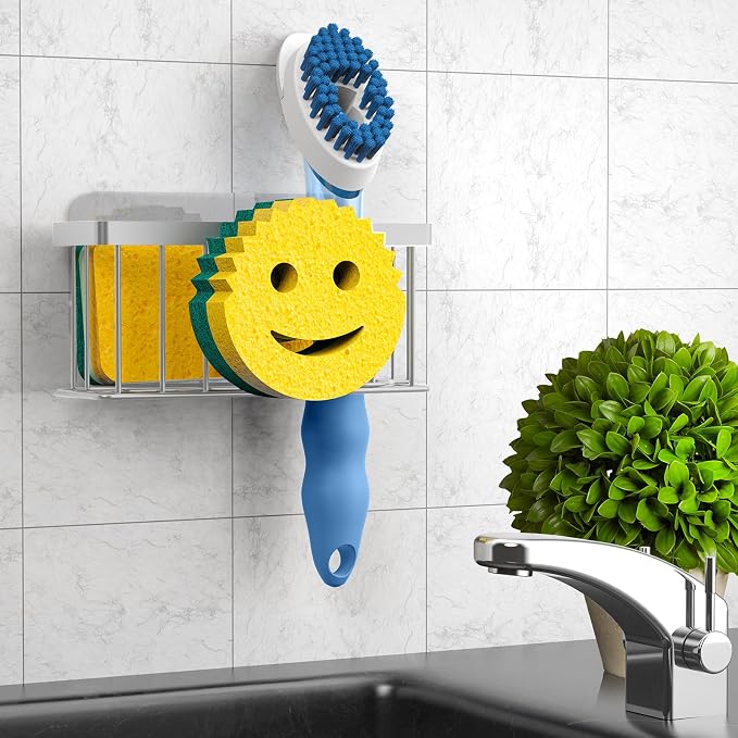 MURLONG Sponge Holder Smiley Face, Sink Organizer with 2 Suction Cups/1 Adhesive Strips, Designed for Sponge, Soap, Dish Brush, Scrubber - Gray