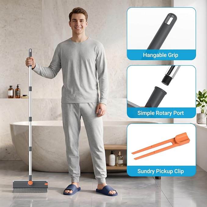 Pool Scrub Brush with 52" Pole, 3 in 1 Pool Cleaning Brush with Squeegee, Floor Scrub Brush with Long Handle, Deck Brush for Swimming Pool Tile Wall Patio Concrete Gray