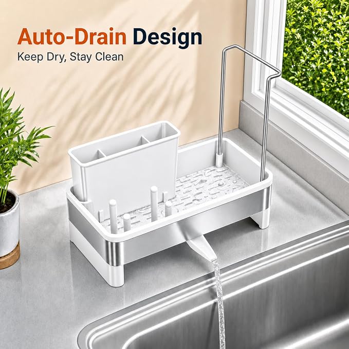 Laveshop Sponge Holder for Kitchen Sink, Rustproof Stainless Steel Sink Caddy with Auto-Drain, Removable Brush Holders, Soap and Dishcloth Organizer, White