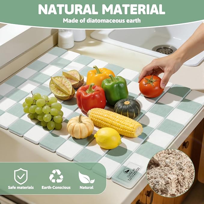Yamaziot Large Stone Drying Mat for Kitchen Counter, 15.3"x24" Foldable Ultra Absorbent Stone Drying Mat, Quick-Dry Diatomaceous Earth Mat, Non-Slip Heat Resistant Mat for Dishes, Cups, Bottles, Green