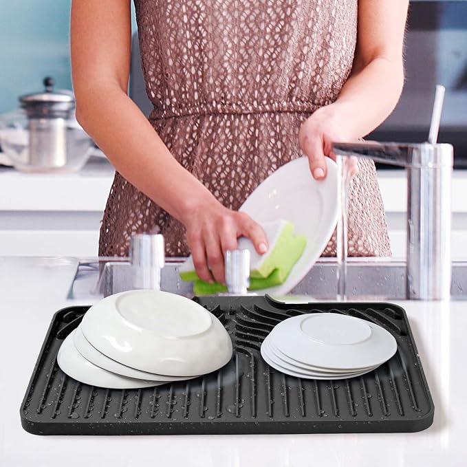 Dish Drying Mat for Kitchen Counter, with Built-in Drain Lip, Food-Grade Silicone, Easy Clean Pad for Countertop Protection, Multi-Functional Use (18 x12 Raised Sink, Black)