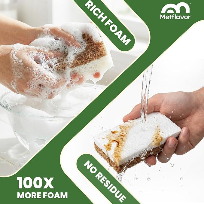 Metflavor Kitchen Sponges, 6 Count, Natural Non-Scratch Cellulose Sponge with Coconut Scrubber for Dishes, Biodegradable & Compostable, Non Toxic Cleaning Sponges for Kitchen, Bathroom, Household