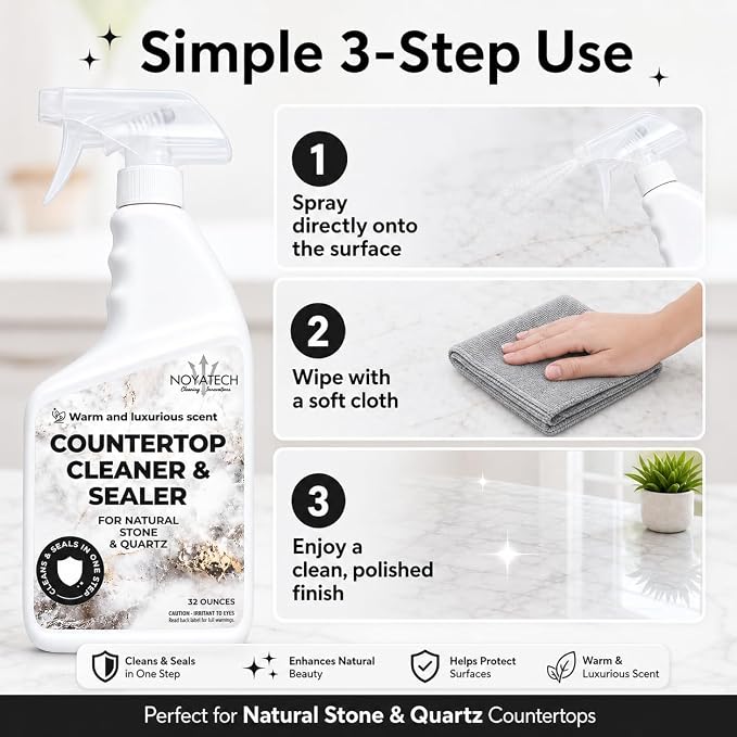 NOYATECH Countertop Cleaner & Sealer – Streak-Free Spray for Granite, Marble & Quartz | Cleans & Protects in One Step | Non-Toxic, No Film