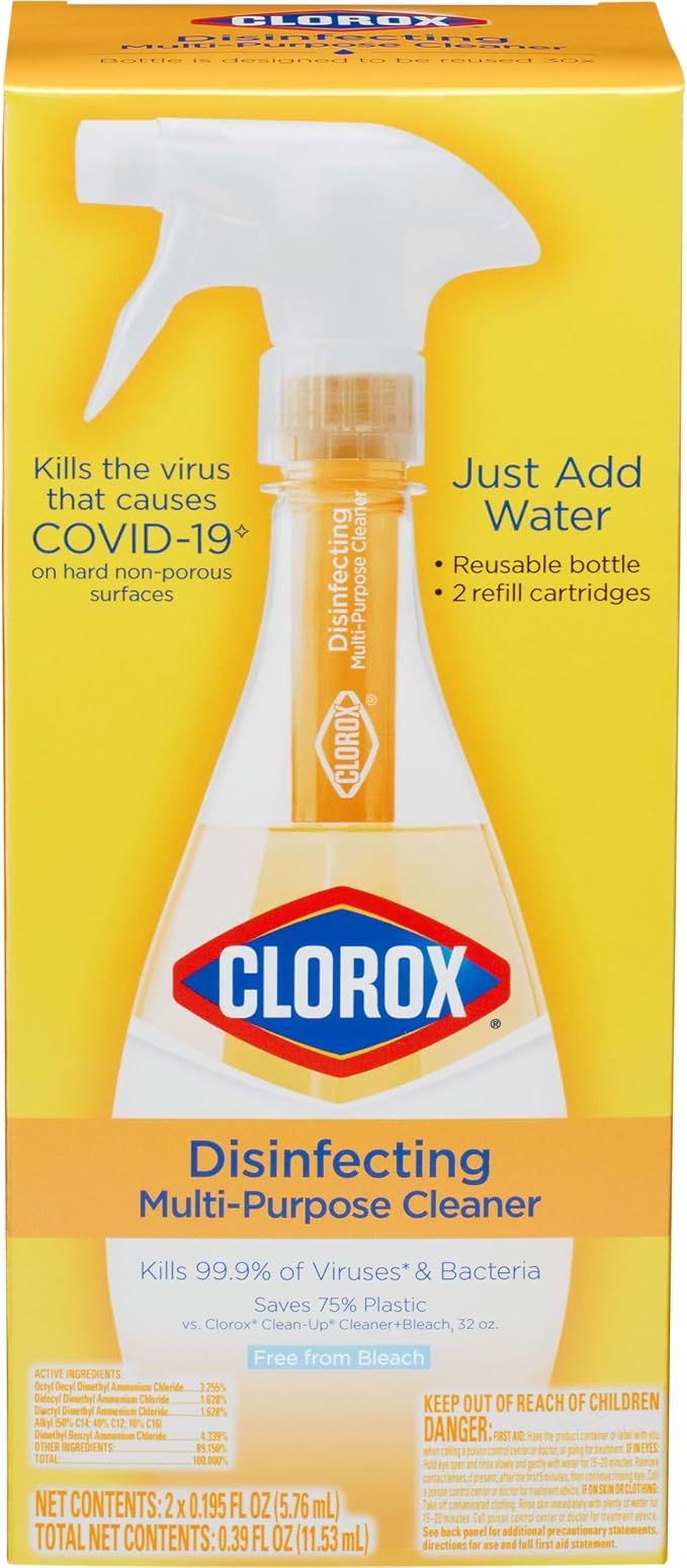 Clorox Disinfecting Multi-Purpose Cleaner Starter Kit, Household Essentials, One Reusable Spray Bottle Plus 2 Refills
