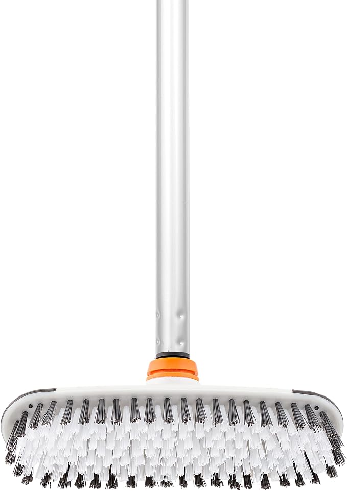 Superio Deck Scrub Brush with Long Handle, Heavy Duty Stiff Bristles Grout Scrubber with Scraper - Cleans Hot Tub, Swimming Pool, Granite Tiles, Bathroom, Patio, Kitchen, Wall and Deck (3 Part Handle)