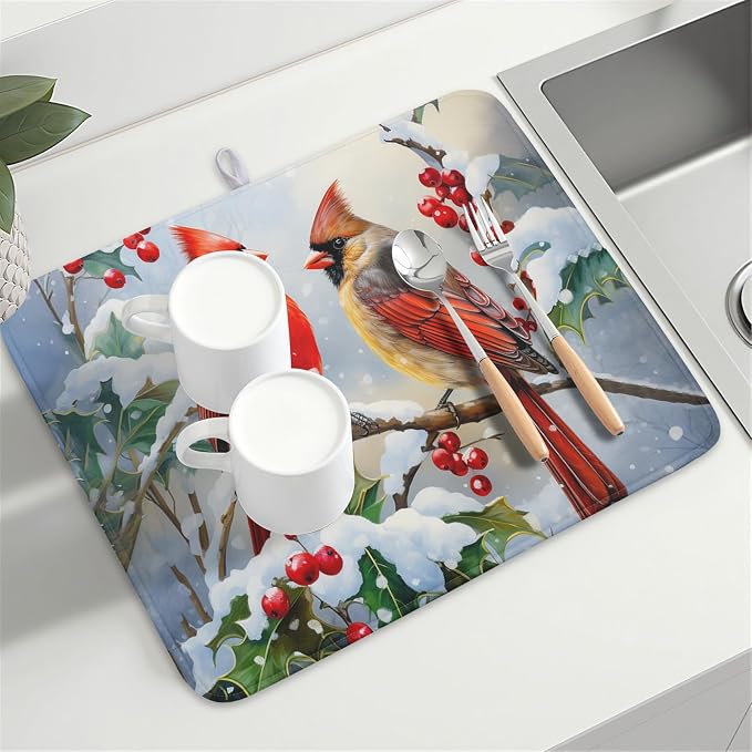 Winter Cardinal Birds Dish Drying Mat, Holly Berry Branches Dish Drying Mat for Kitchen Counter, Red Birds Absorbent Fast Dry Dish Drainer Mat Protector Xmas Microfiber Dish Drying Pad 18x24 Inch