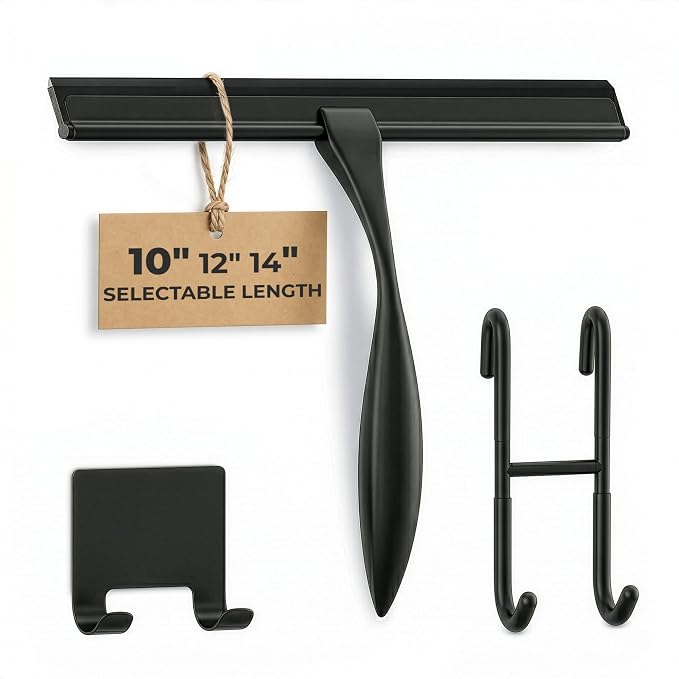 Black Squeegee for Shower Glass, 10" Silicone Blade, Stainless Steel | Shower Door Squeegee with Hook, Adhesive Mount; All-Purpose Bathroom Tile, Mirror, & Window Wiper for Streak-Free Cleaning