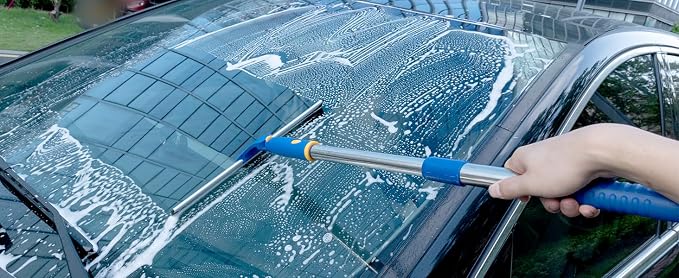 14" Window Cleaning Tool, All-Purpose Extendable Window Squeegee with 2 Blades and Stainless Steel Pole, Shower Squeegee for Glass Doors,Shower Doors, Windows, Bathroom and Car Windshields