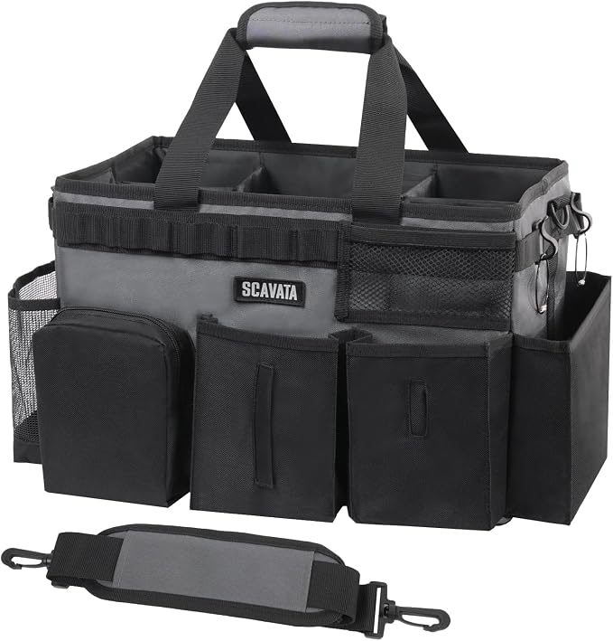 SCAVATA Wearable Cleaning Caddy Bag, Cleaning Caddy Supplies Organizer with Handle & Shoulder Straps for Housekeepers, Under Sink & Car Cleaning Tool Organizers with 4 Foldable Divider (GraphiteGrey)