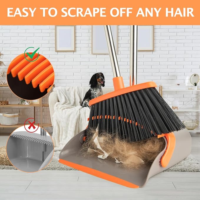2-Pack Broom and Dustpan Combo Set, Long Handle, Gray Orange | Standing Dustpan, Heavy Dust,House Accessories for Home, Kitchen, Office, Pet Hair
