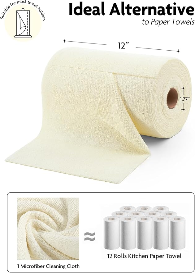 Fantasticlean Microfiber Cleaning Cloth Roll- 75 Sheets, 12" x 12" (Beige) | Super Absorbent, Lint-free, Tear-away Microfiber Towel Roll, for All-Purpose Cleaning, Reusable Alternative to Paper Towels