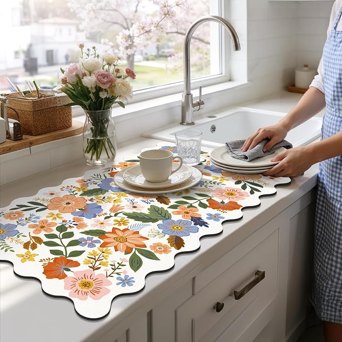 LOKHOM Scalloped Floral Dish Drying Mat, 17"x32" Super Absorbent Coffee Mat with Unique Spring Wildflowers, Cuttable Hide Stain Non-slip Drying Mat for Kitchen Counter Coffee Maker Espresso Machine