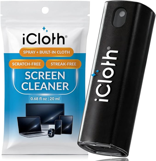 iCloth 2-in-1 Screen Cleaner Spray with Built-in Microfiber Cloth for Laptops, Tablets, Phones, Car Screens, and Touchscreens, Streak-Free & Anti-Smudge, Large 0.68 fl oz (20ml) Bottle