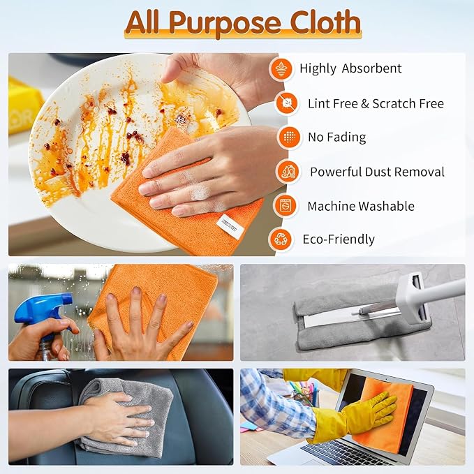 FIXSMITH Microfiber Cleaning Cloth -Pack of 50, Highly Absorbent Cleaning Rags(Grey&Orange), 16"X12" All Purpose Cleaning Towels for Housekeeping, Kitchen, Car, Reusable Microfiber Towels