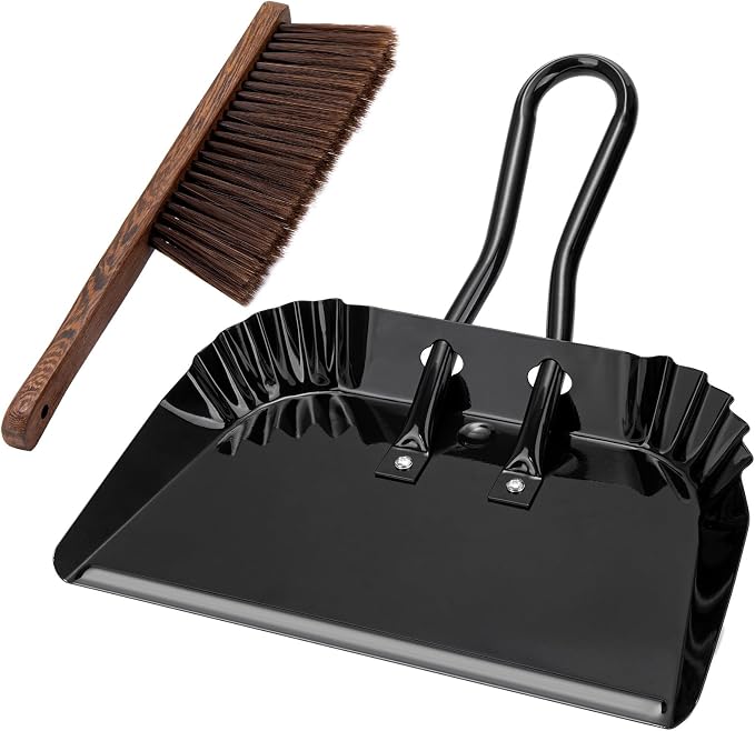 17In Large Dust Pan and Brush Set,Heavy-Duty Dust Pan | Handheld Dustpan | Commercial Metal Dust Pan and Wood Broom,Precision Edge for Debris,Black Hanging Dustpan Set for Home,Fireplace,Car,Outdoor